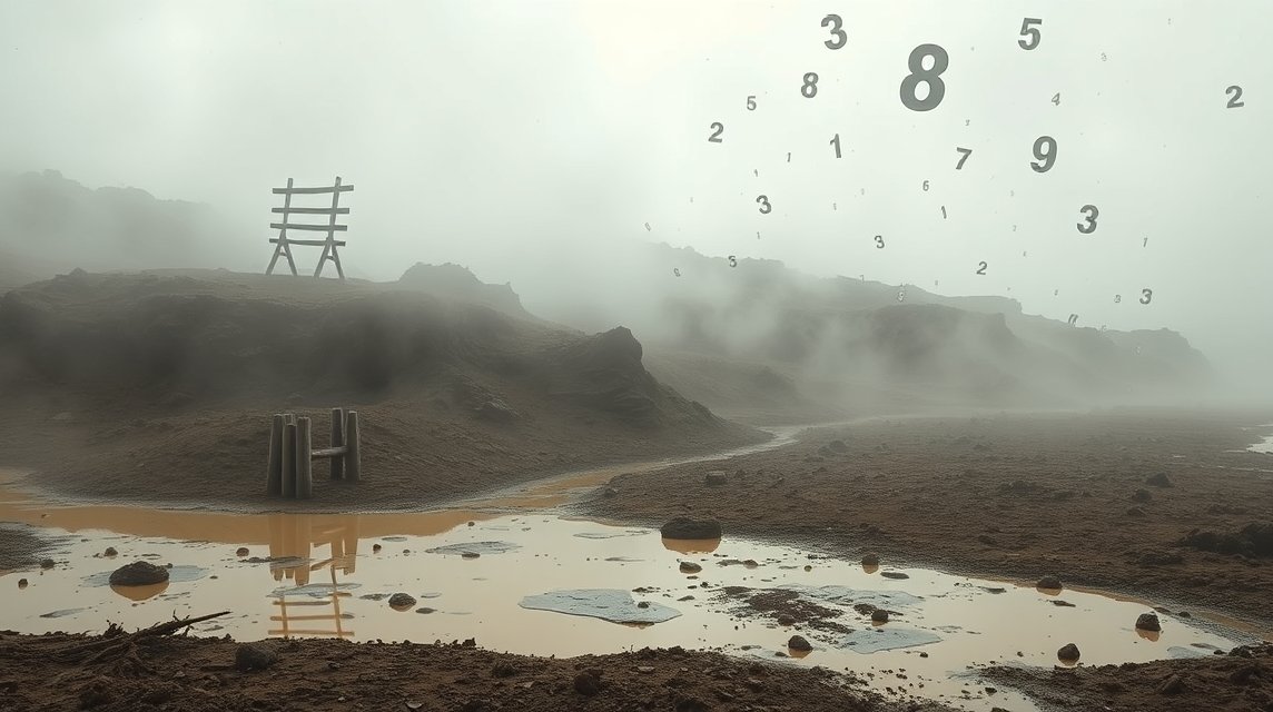Paesaggio nebbioso con fango e numeri fluttuanti nel sogno