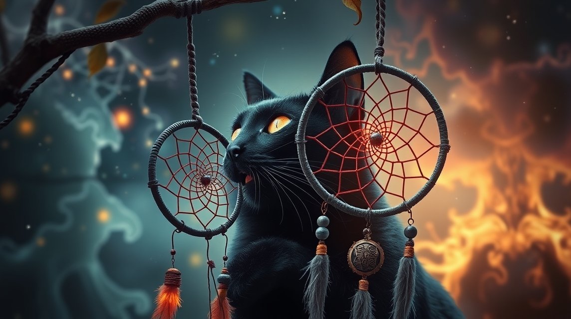 Gatto nero con dreamcatcher simbolico in un'atmosfera mistica