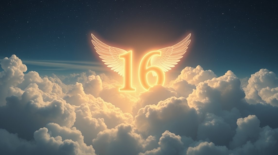 Numero angelico 16 con ali sopra le nuvole nel cielo