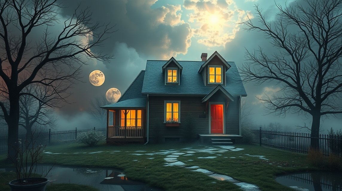 Casa illuminata sotto il cielo notturno e nuvole, simbolo di rinnovamento.