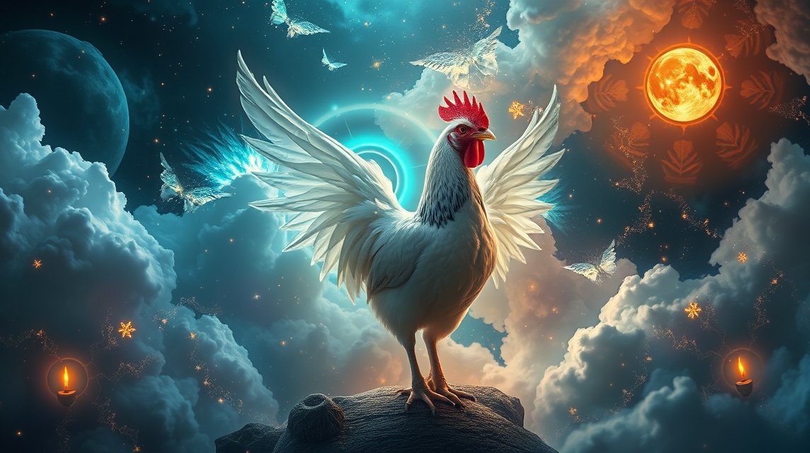 Gallina in volo con ali spiegate tra nuvole e simboli onirici