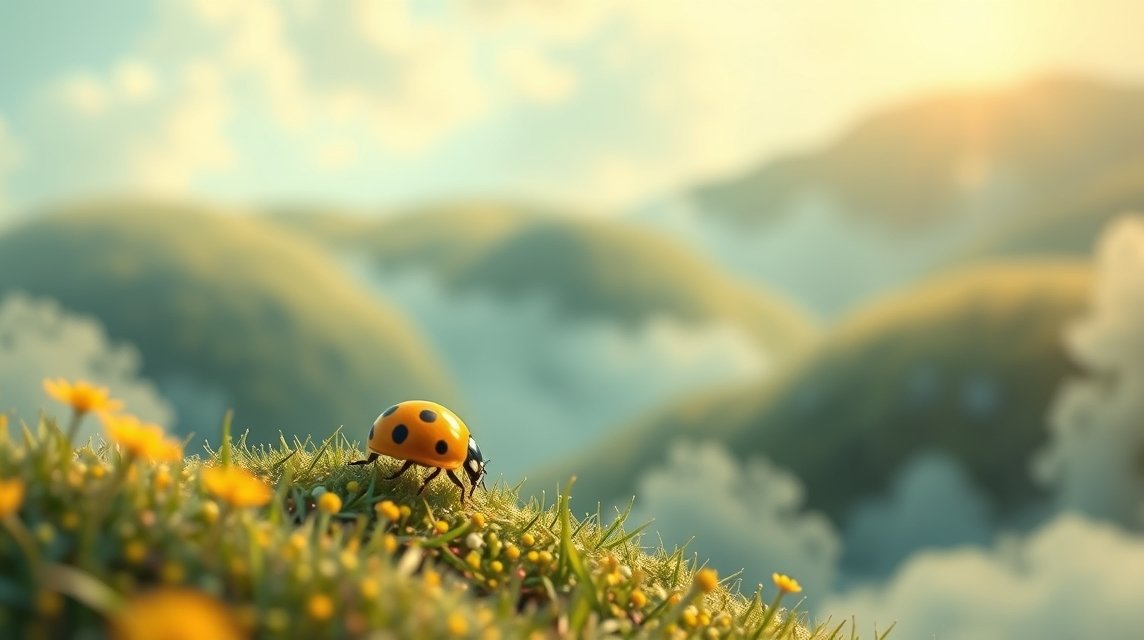 Coccinella gialla su un prato verde in un paesaggio sereno