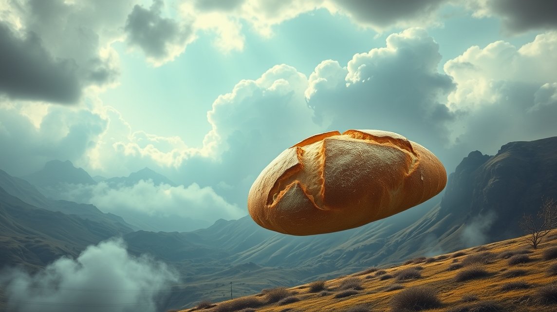 Pane fluttuante nel paesaggio con nuvole e montagne