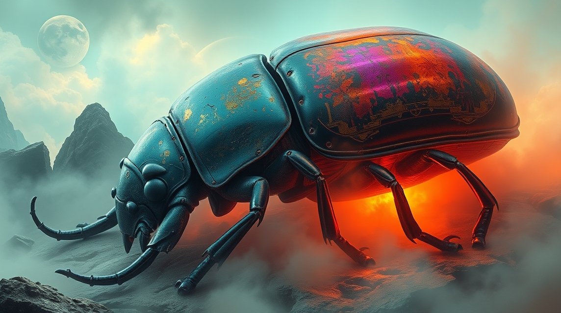 Scarafaggio luminoso in un paesaggio surreale