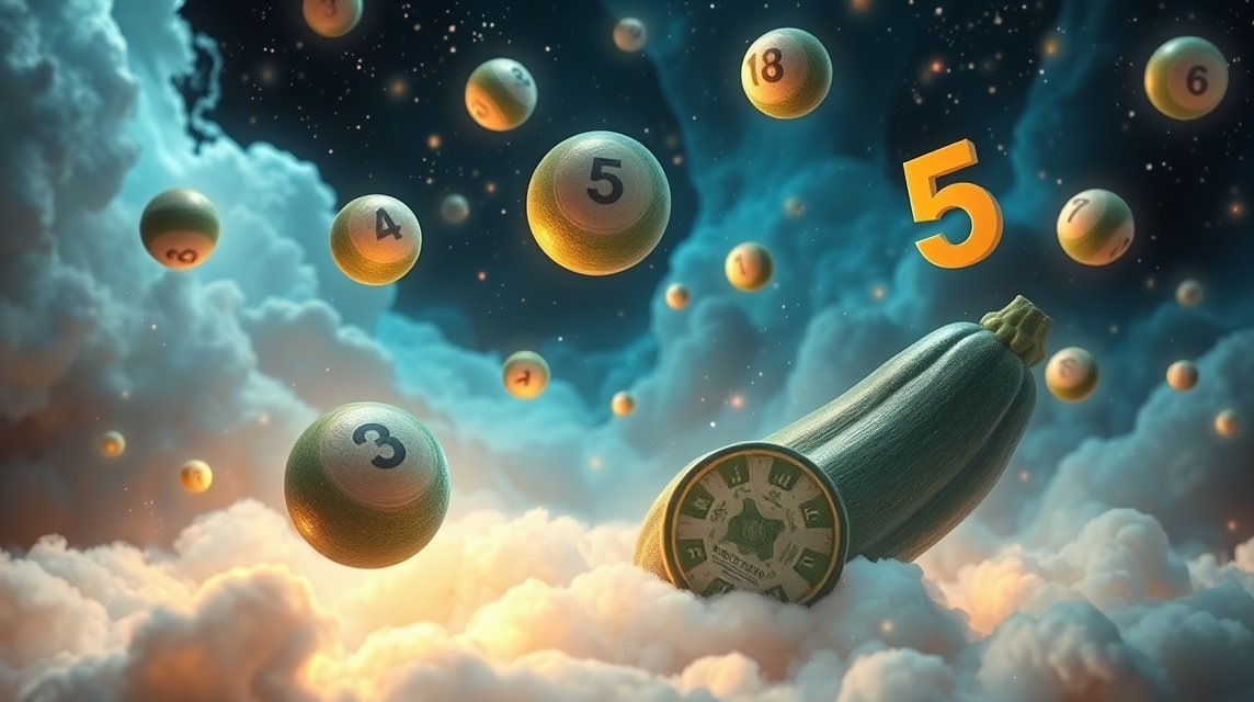 Numeri del lotto sospesi tra le nuvole con zucchine e simboli fortunati