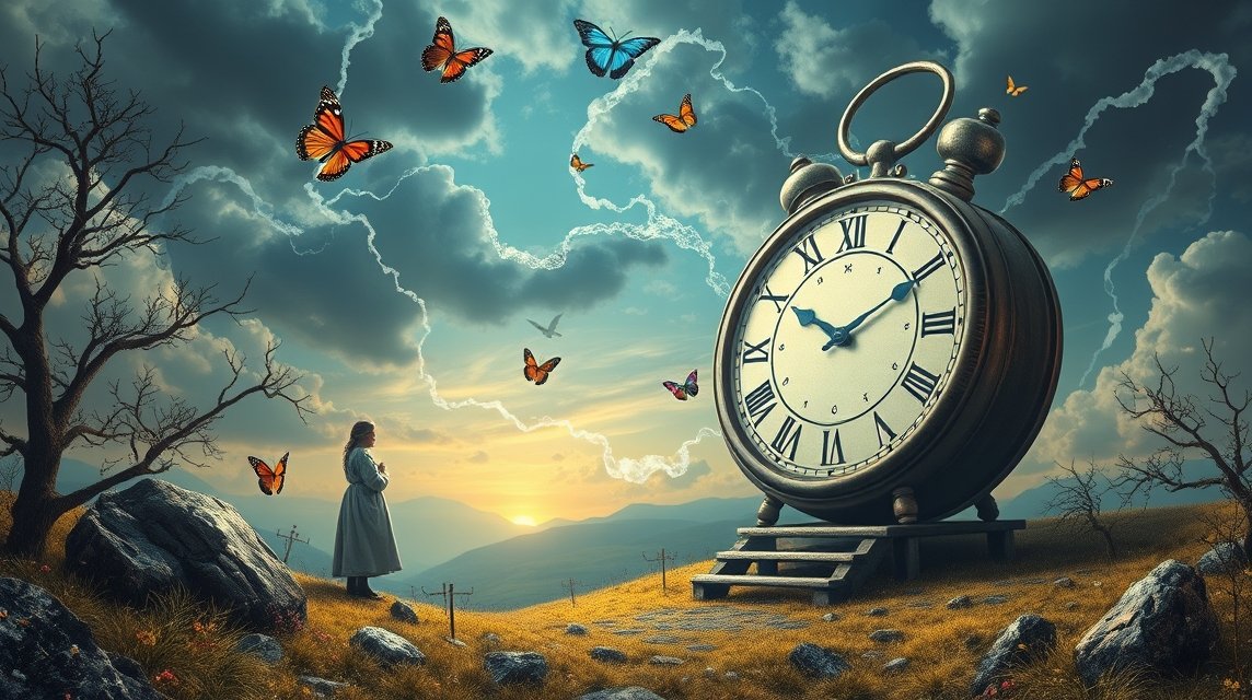 Orologio gigantesco con farfalle in un paesaggio onirico