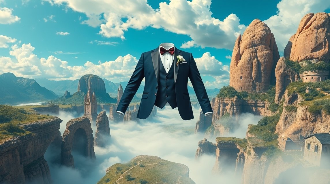 Vestito da sposo che fluttua in un paesaggio mozzafiato