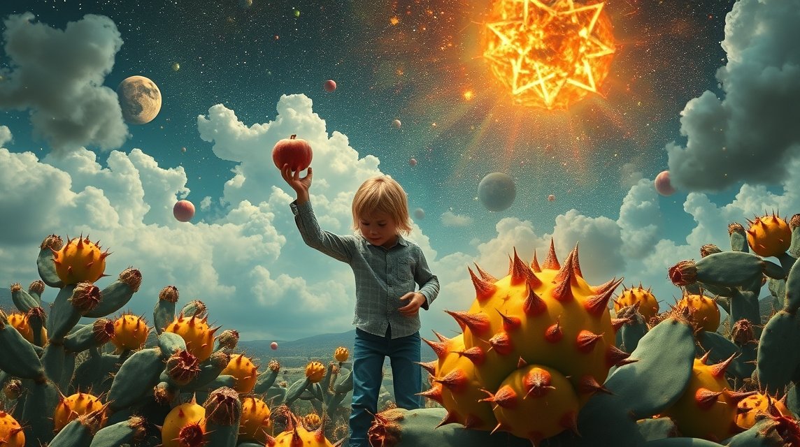 Bambino che raccoglie fichi d'India in un paesaggio fantastico.