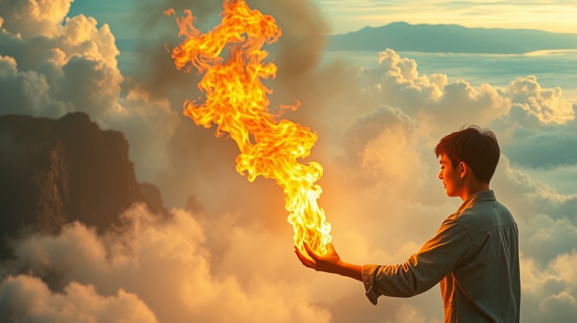 Giovane che controlla il fuoco, simbolo di emozioni e equilibrio