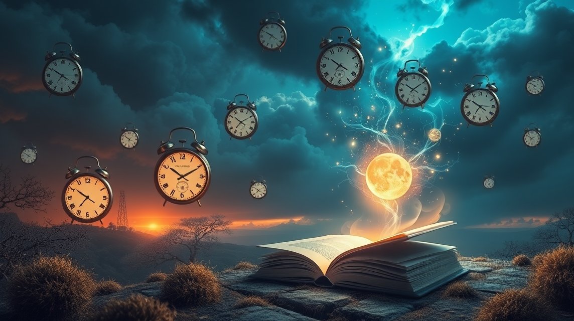 Immagine di orologi fluttuanti e un libro aperto sotto una luna luminosa
