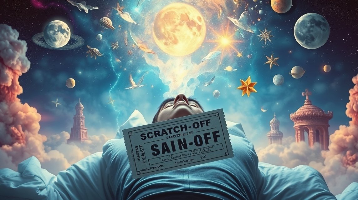 Una persona sogna di vincere al gratta e vinci, circondata da elementi onirici.