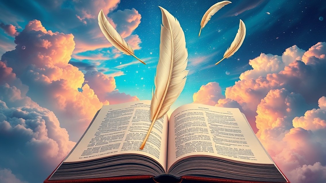 Libro aperto con piume che fluttuano nel cielo