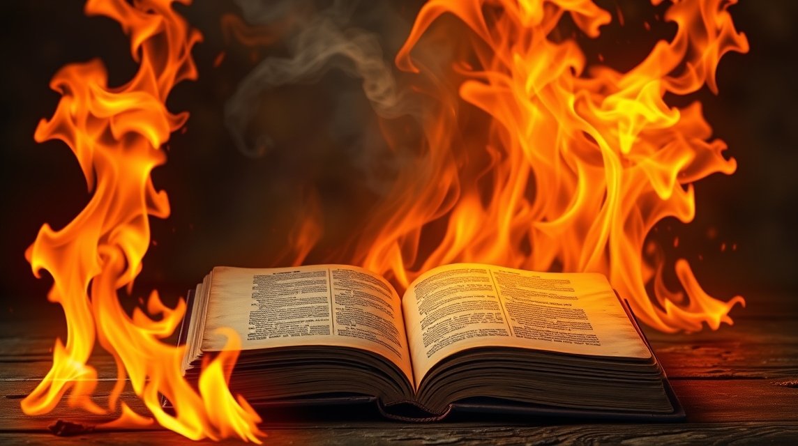 Un libro avvolto dalle fiamme, simbolo di passione e trasformazione.