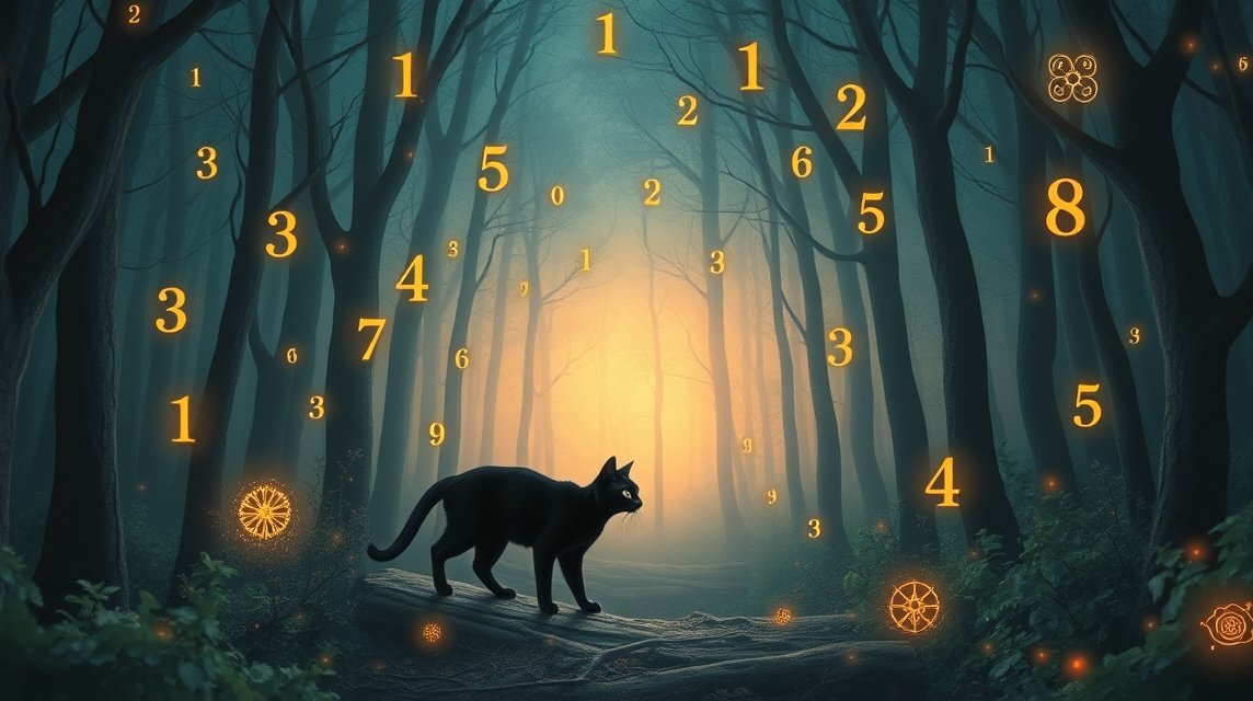 Gatto nero nella foresta con numeri fortunati intorno