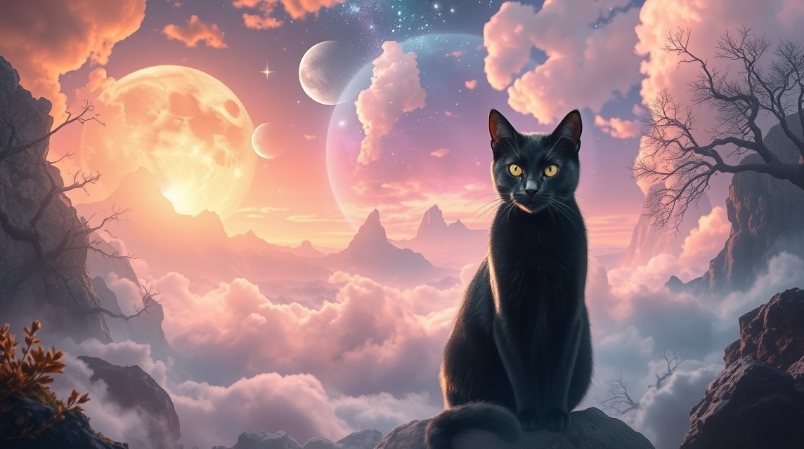 Gatto nero seduto su una roccia con una vista onirica