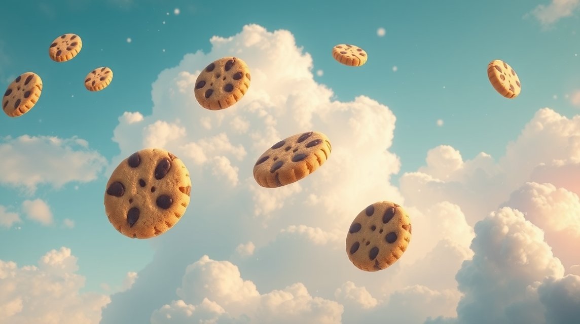 Biscotti fluttuanti nel cielo, simboli di dolcezza e sogni.