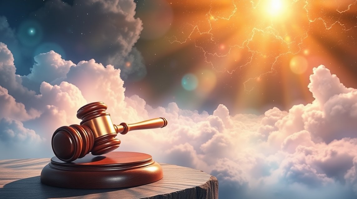 Martello del giudice su un piano con nuvole e luce del sole