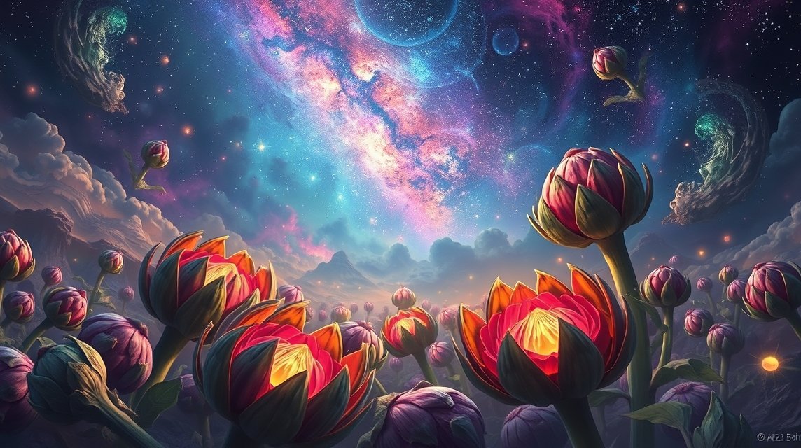Fiori di carciofi sotto un cielo stellato con galassie