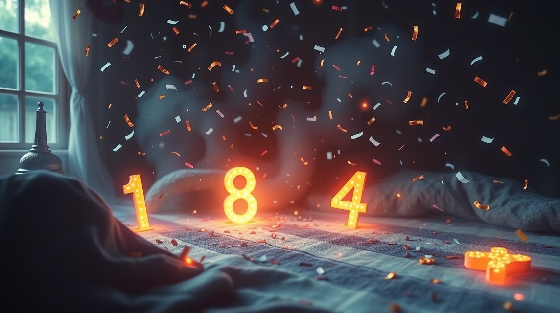 Numeri 1, 8, 4 illuminati tra confetti su un letto.