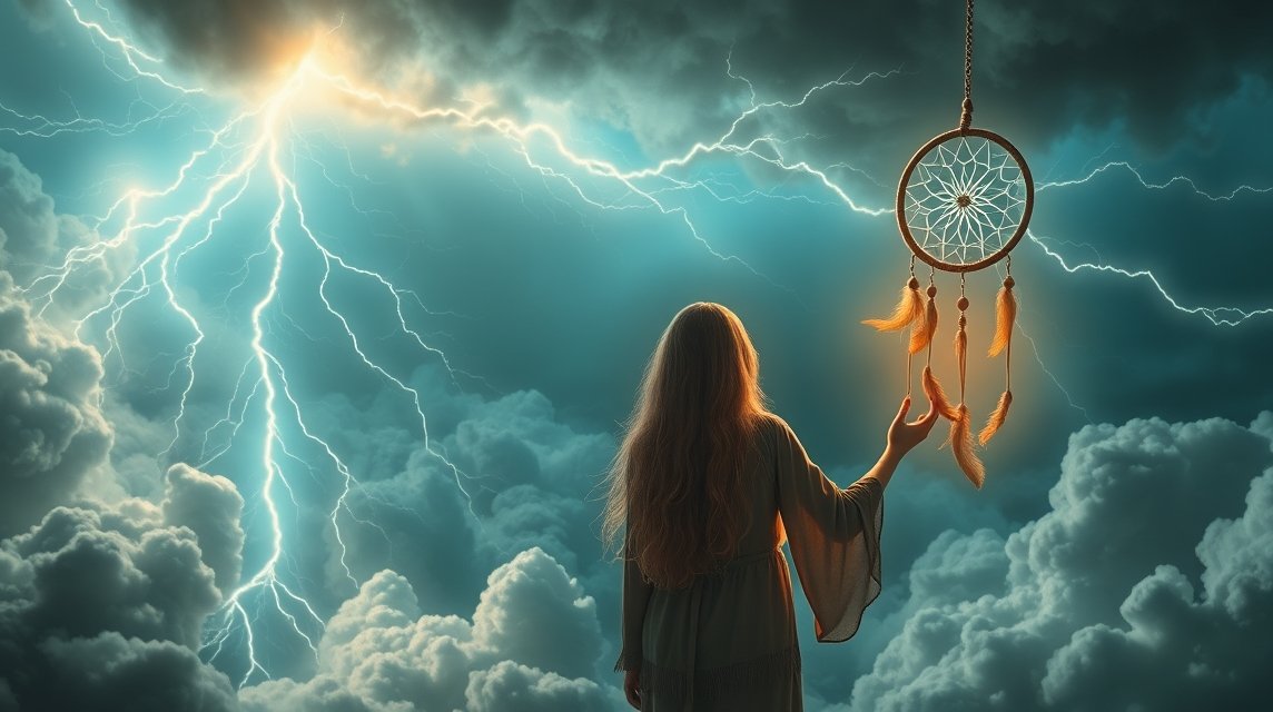 Donna con un sogno guida sotto fulmini e nuvole tempestose.