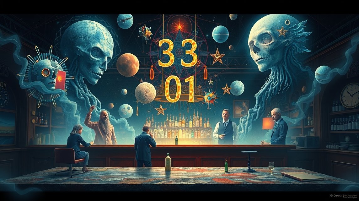 Illustrazione surrealista di un bar con figure enigmatiche e numeri.