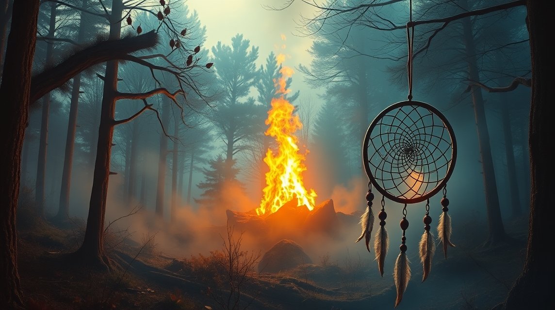 Sogno di fuoco e un cattura sogni in un bosco nebbioso