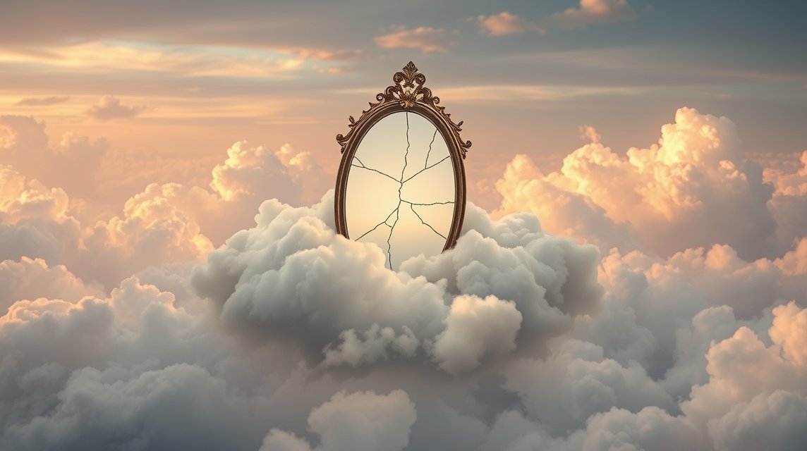 Specchio rotto tra le nuvole simboleggia l'insicurezza nei sogni.