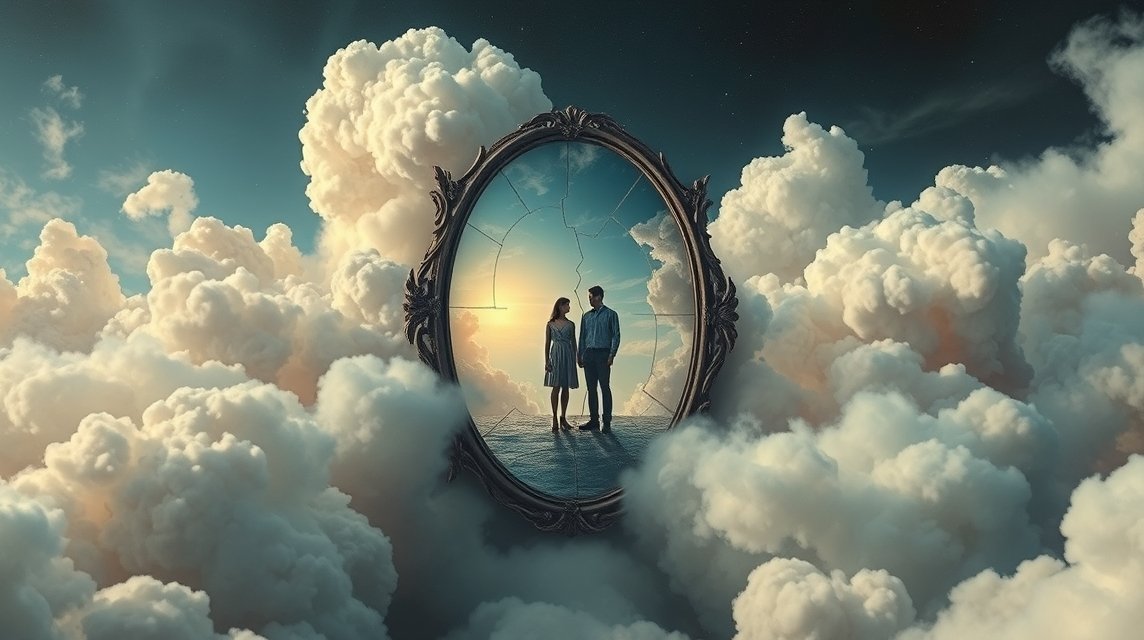 Una coppia riflessa in uno specchio rotto tra nuvole, simboleggiando relazioni e sogni.