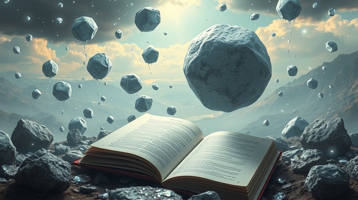 Libro aperto con grandine fluttuante sullo sfondo di montagne.