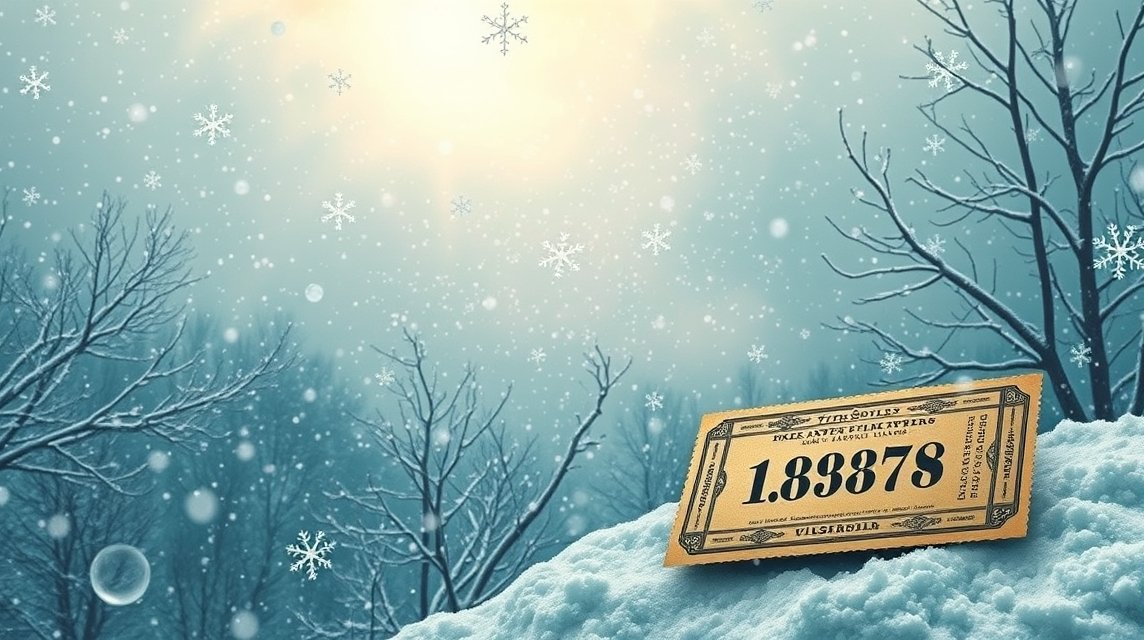 Neve che scende su un biglietto del Lotto in un paesaggio invernale