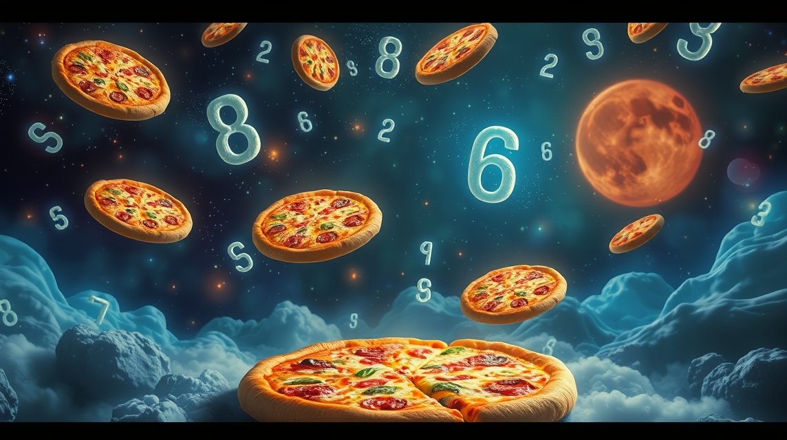 Pizza fluttuante con numeri nel sogno e luna