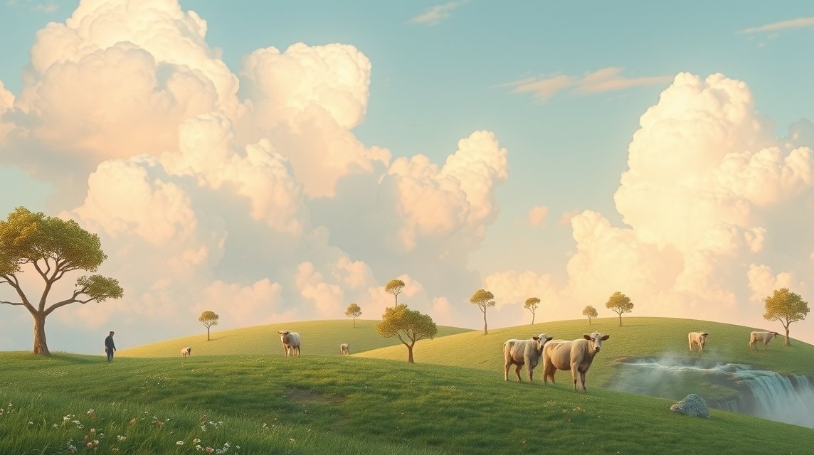 Paesaggio sereno con mucche e nuvole nel cielo blu