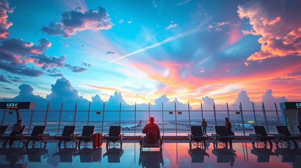 Vista di un aeroporto al tramonto con passeggeri in attesa