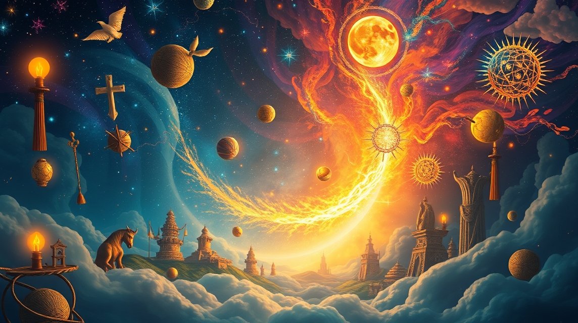 Illustrazione onirica di elementi simbolici e astrali.