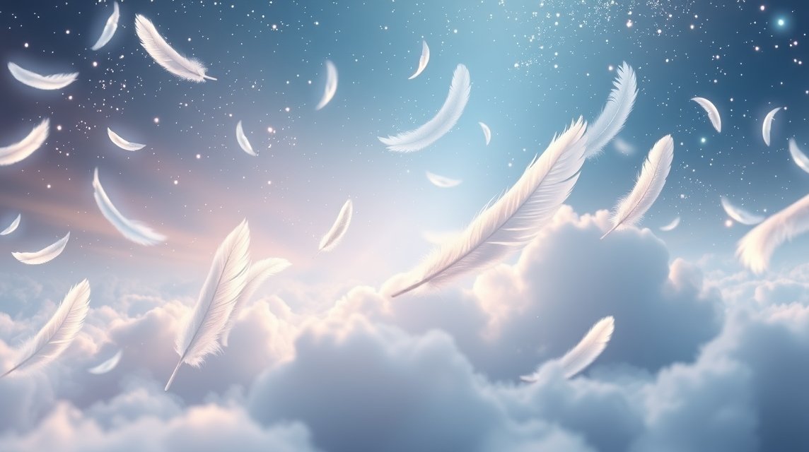 Piume bianche che fluttuano tra le nuvole in un cielo sereno