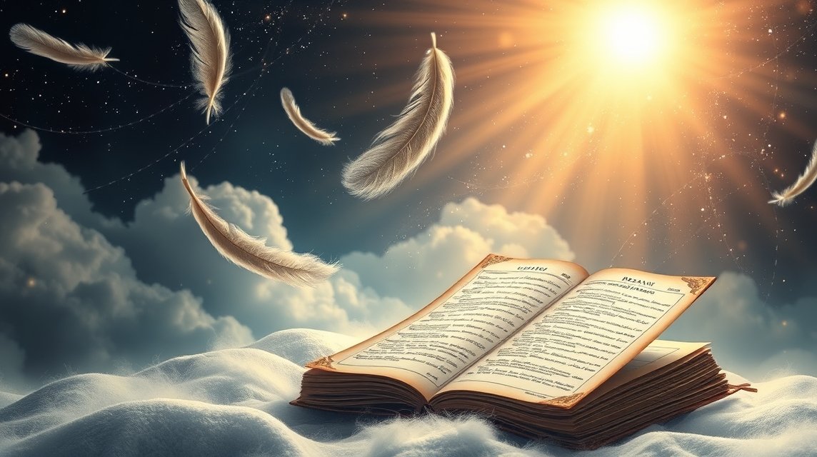 Piume leggere fluttuano sopra un libro aperto che emana luce.