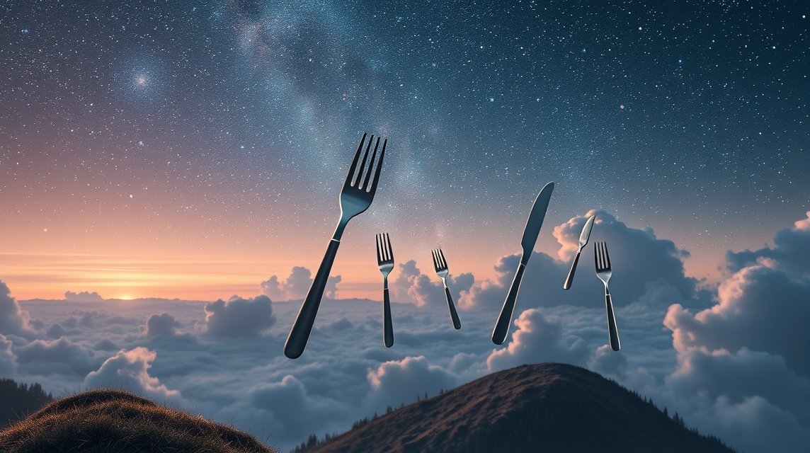 Posate di acciaio fluttuanti in un cielo stellato sulla cucina.