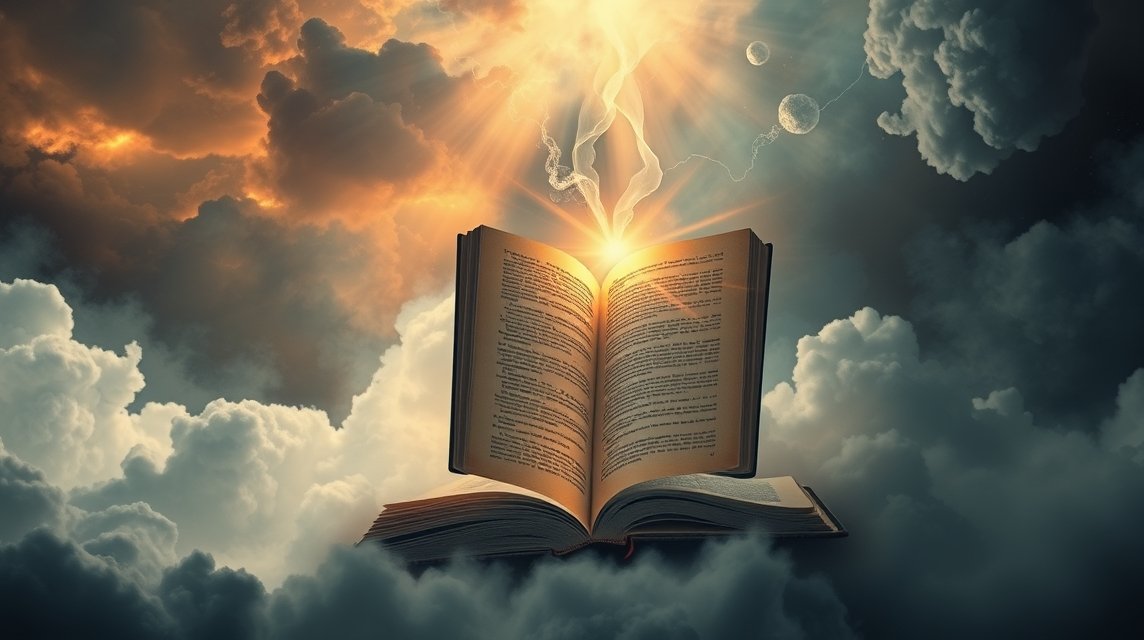 Libro aperto tra le nuvole con raggi di luce e simbolismo onirico.