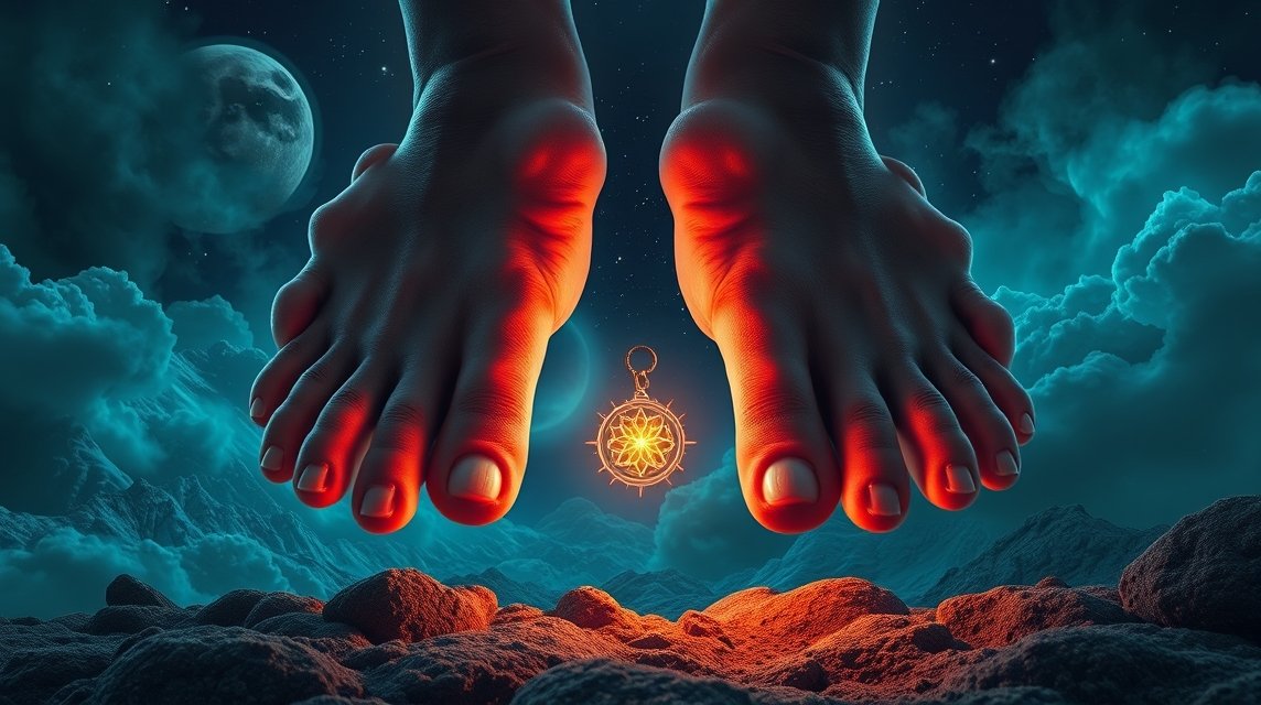 Due piedi con sei dita illuminati da una luce mistica