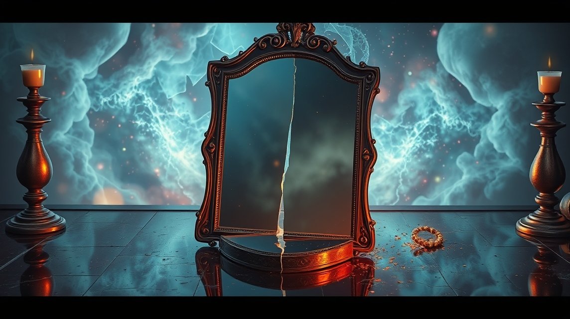 Specchio rotto con candele e nuvole sullo sfondo simbolico