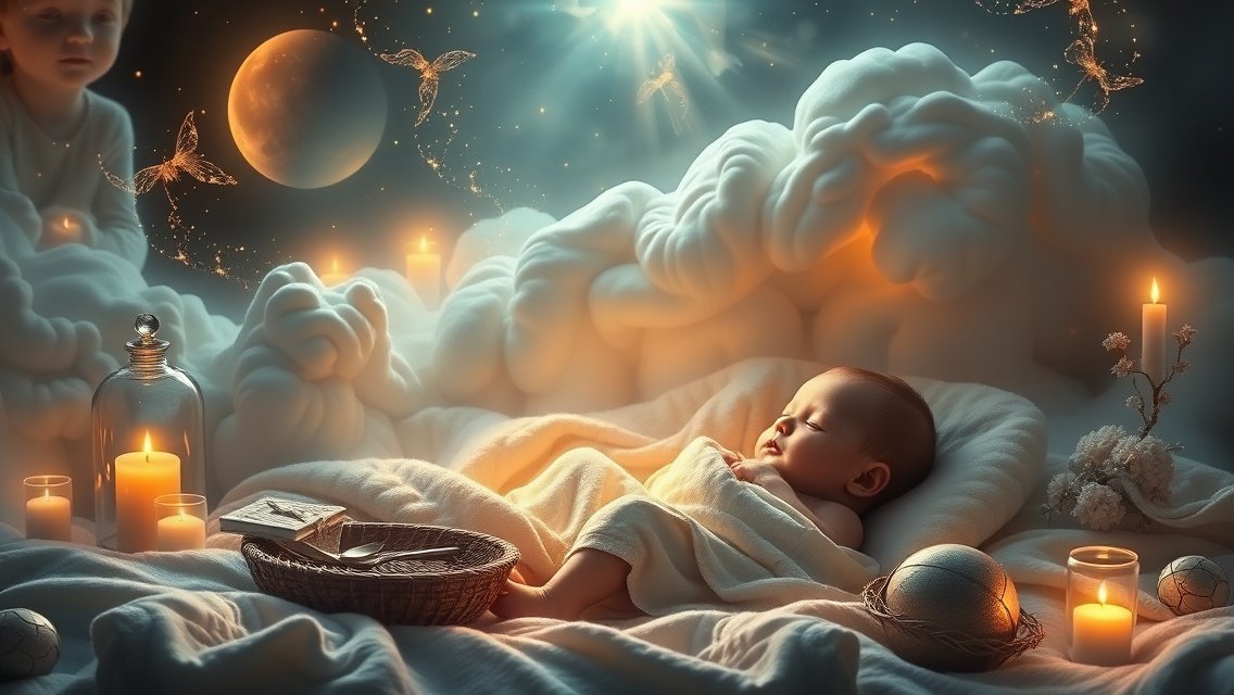 Neonato addormentato in un'atmosfera onirica con luci soffuse