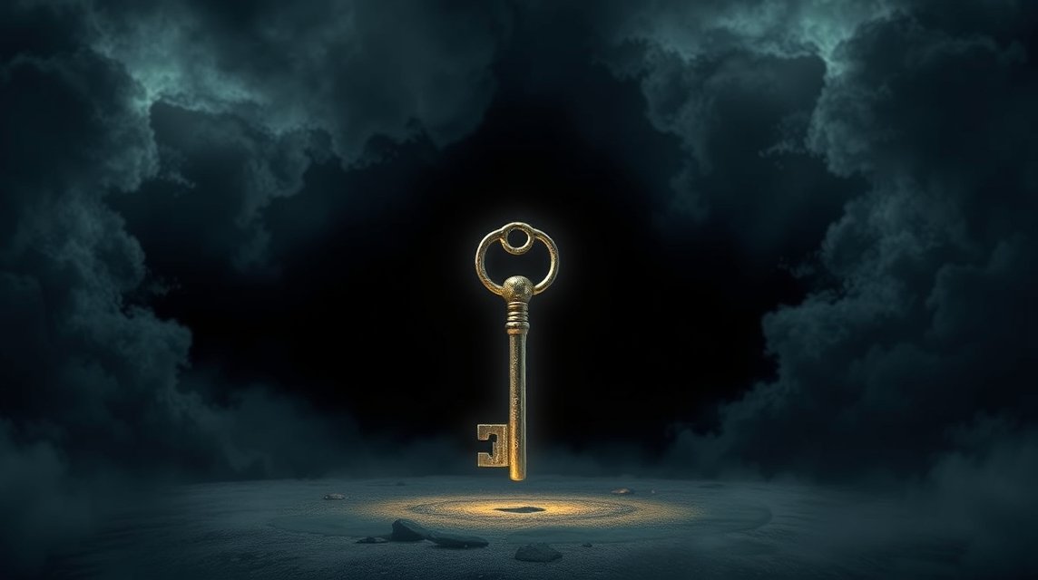 Chiave illuminata in un cielo scuro, simbolo di trasformazione nei sogni.