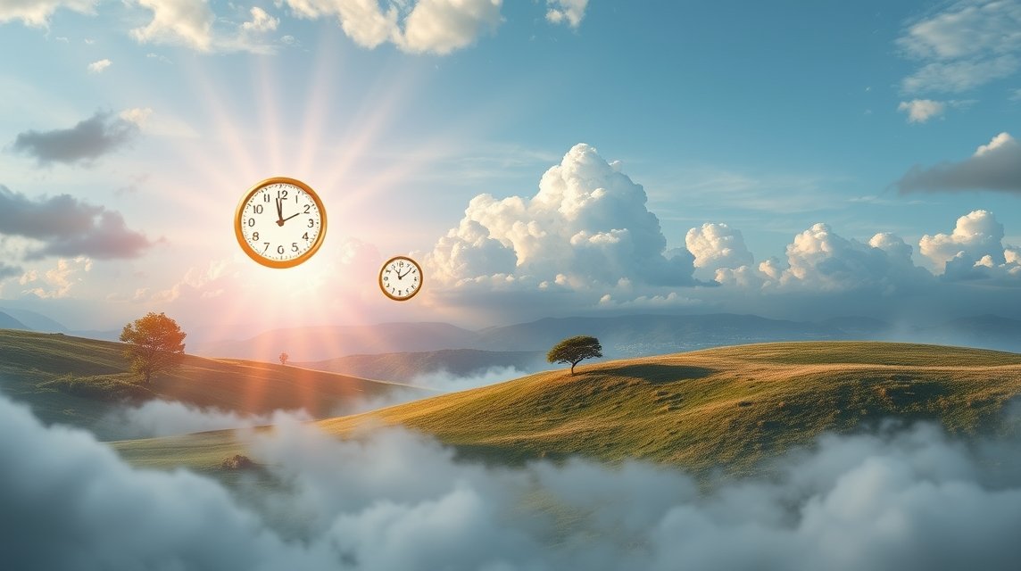 Paesaggio onirico con orologi sospesi tra nuvole e sole