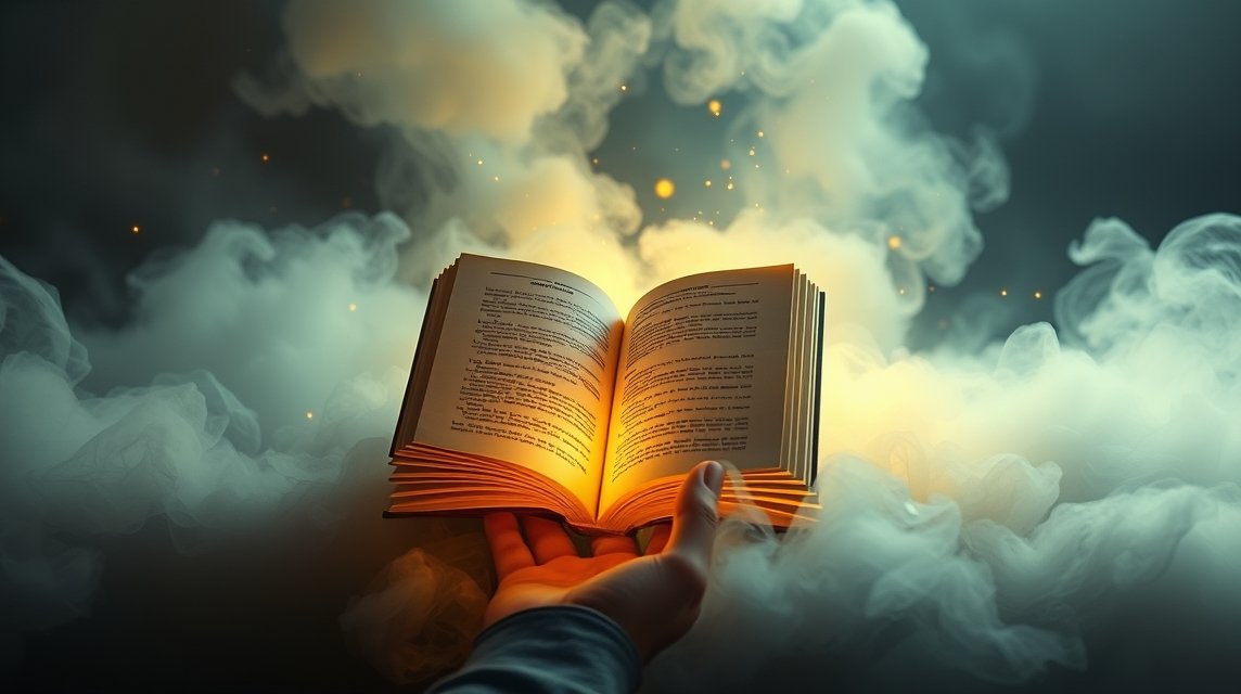 Una mano che tiene un libro aperto tra fumi misteriosi.