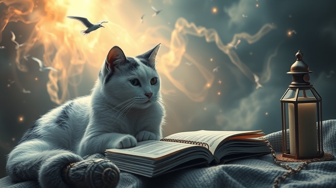 Gatto bianco su un libro illuminato da una lanterna