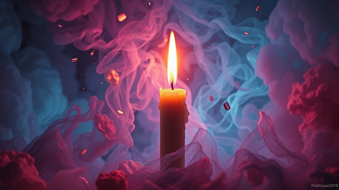 Candela accesa circondata da fumi colorati che simboleggiano passione e distruzione.