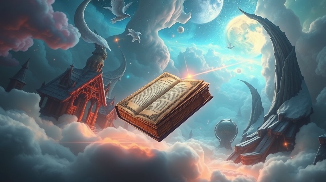 Immagine evocativa di un libro fluttuante tra nuvole e mondi fantastici.