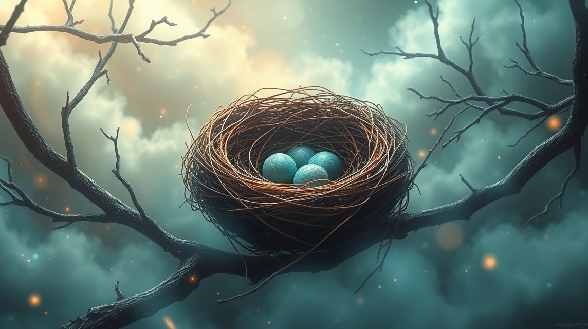 Nido d'uccello con uova blu su un ramo, simbolo di nuovi inizi.