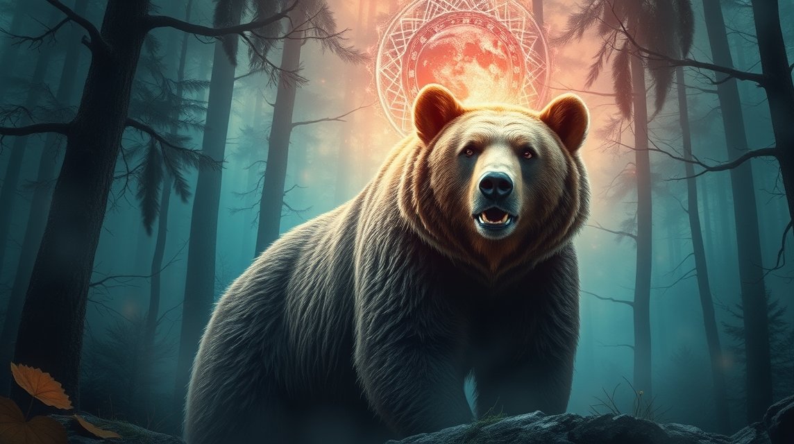 Orso in un bosco misterioso, simbolo di forza e protezione.
