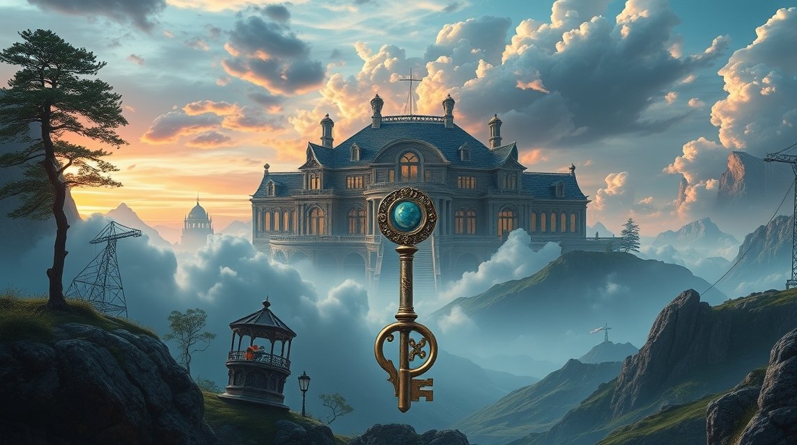 Chiave d'oro davanti a una grande casa in un paesaggio drammatico